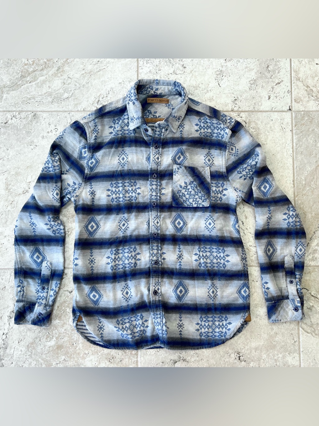 Nifty Genius Western Cotton Button-Up Long Sleeve Shirt Shacket Blue, Medium